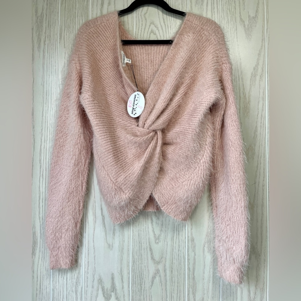 & Merci Sweater Womens Size SMALL  Long Sleeve Knotted Back Fuzzy Pullover Pink